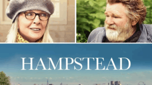 Composite photos of Keaton and Gleeson, each smiling gently, atop a photo of the Hampstead London skyline
