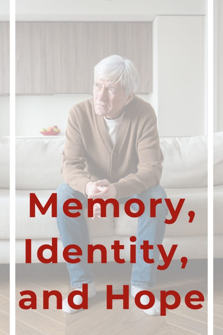 A close-up of an older man with white hair sits on a couch, with the superimposed text "Memory, Identity, and Hope" in the foreground.