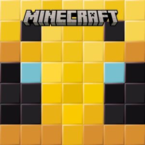 A cover of a pixelated yellow and black block face pattern beneath the Minecraft logo.