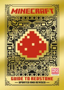 A pixel art book cover with a redstone icon, gold border, and Mojang Studios logo in the lower right corner.