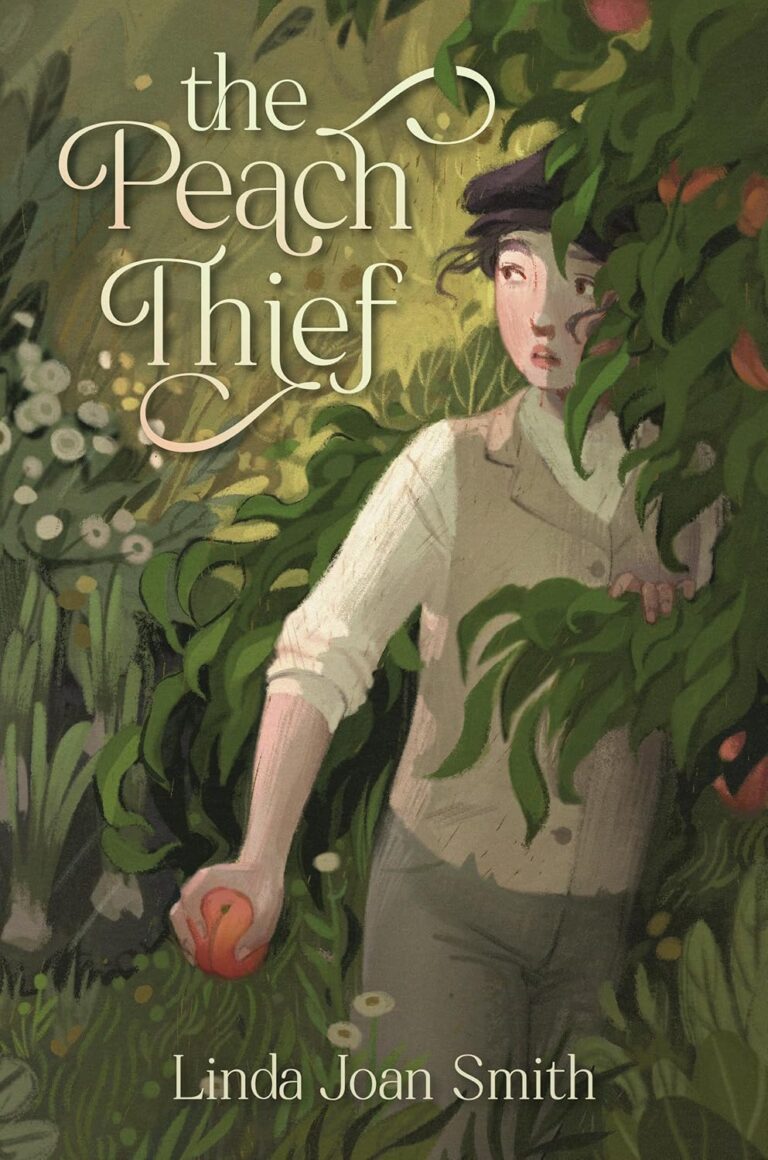 A cover featuring a young girl dressed in male 19th century attire holding a peach from a tree amid lush greenery.
