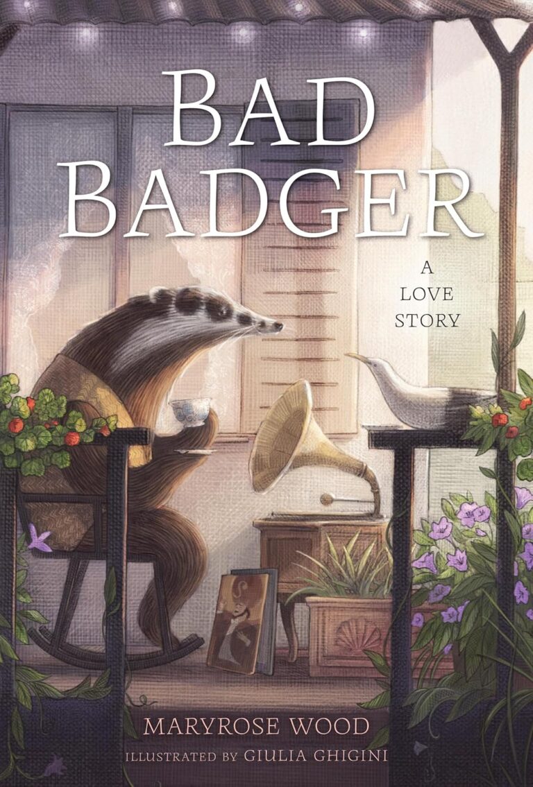 A cover of a badger sitting in a chair, having tea with a seagull on the porch.