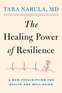 Book cover shows a red heartbeat line shaping into a flower, with the tagline "A new prescription for health and well-being.
