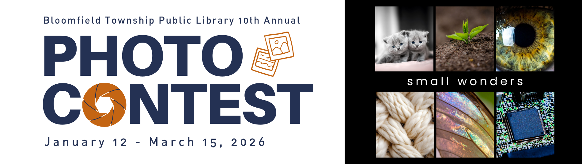 Banner promoting the library’s 10th Annual Photo Contest, “Small Wonders,” with entry dates and close-up photo examples displayed.