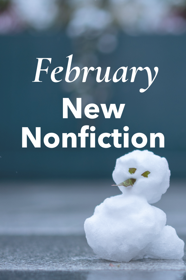 Small snowman with leaf eyes positioned in front of stylized text, used as a visual for February nonfiction library materials.