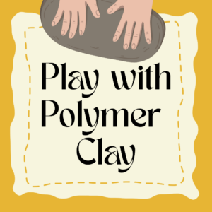 Two hands shape gray clay on a bright yellow background with a decorative stitched border, used for a library event or material.