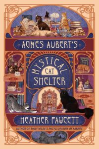 Colorful illustrated book cover featuring multiple cats among books and magical objects on a vibrant background.