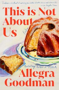 Book cover showing a sliced bundt cake with one piece removed on a plate, with text reviews printed above the image.