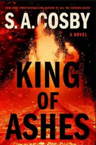Book cover showing large bold text over a dramatic image of a fiery explosion with burning debris in the background.