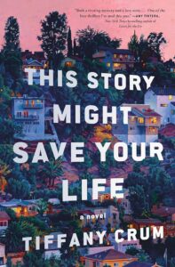 Colorful illustrated book cover showing a hillside neighborhood at dusk with large white text overlaid.
