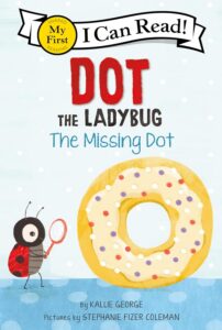 A ladybug with a magnifying glass beside a sprinkled doughnut.