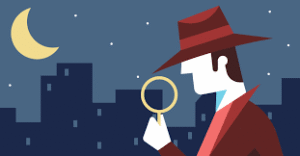 Book cover illustration showing a person in a hat and trench coat with magnifying glass, city skyline, and crescent moon at night.