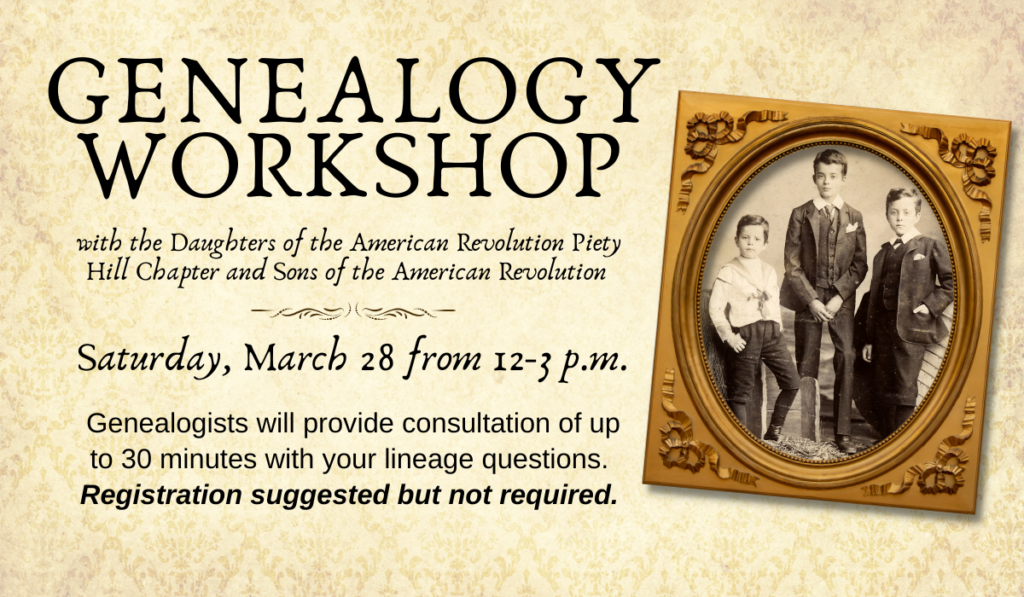 Genealogy Workshop from 12-3 p.m. on March 28.