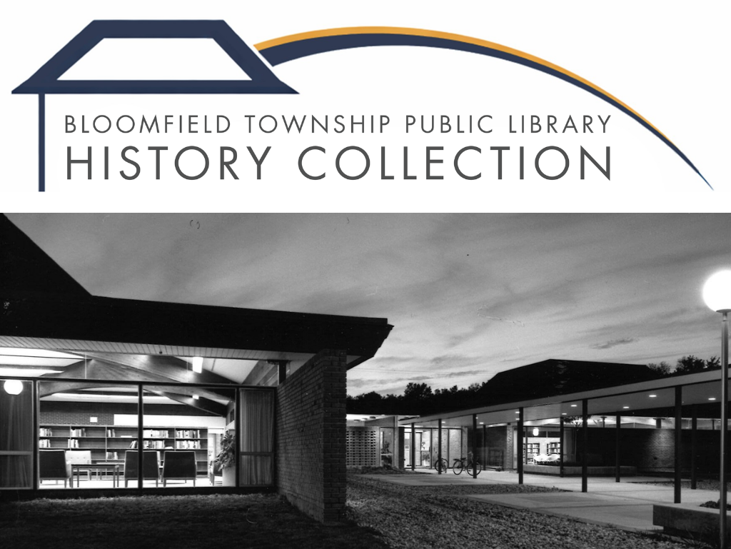 Black and white image shows Bloomfield Township Public Library at dusk with the History Collection logo above the building exterior.