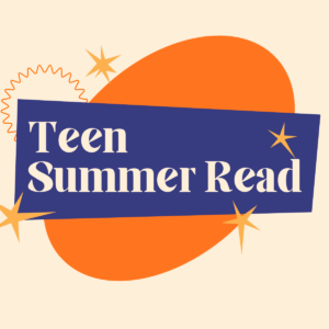 Colorful graphic design featuring a blue rectangle over an orange oval, with orange and yellow starburst decorations.