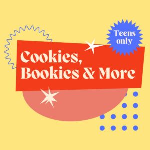 Colorful graphic with bold shapes, a red banner and blue starburst, designed for a teen library event or book cover.