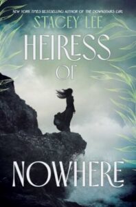 Silhouetted girl with hair blown by wind stands on a rocky cliff above rough water; image is from a book cover.