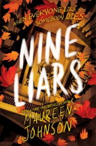 Book cover with bold white and yellow text over an autumn scene of scattered orange leaves and a spiral staircase.