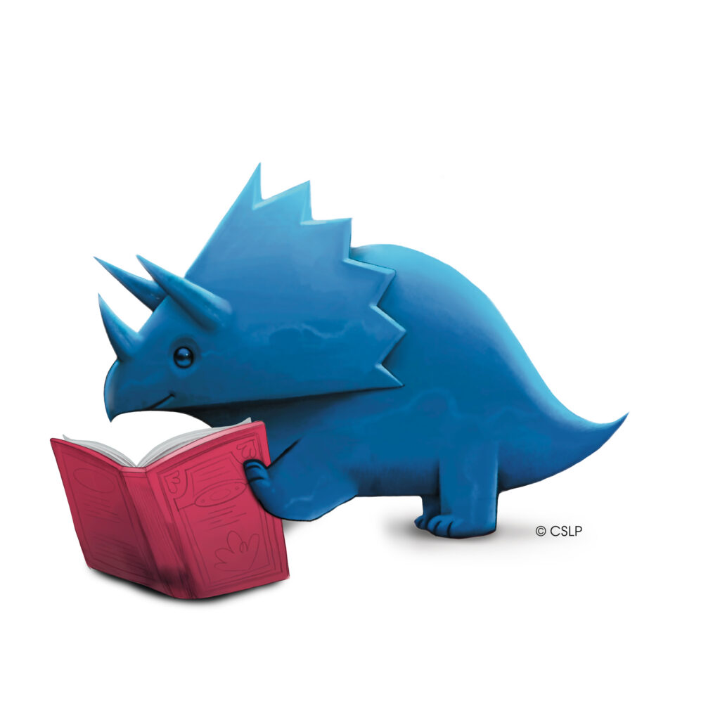 Decorative: Blue cartoon triceratops on all fours reading an open red book.