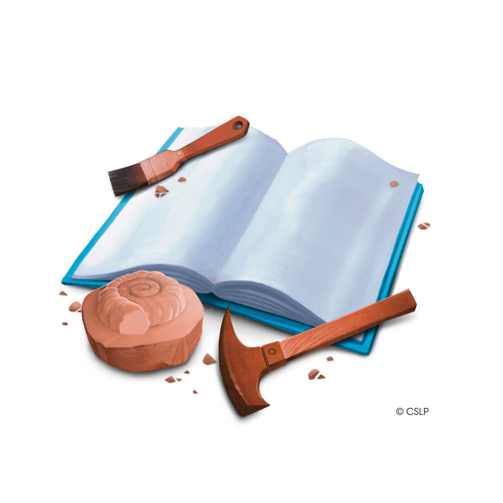 Decorative: Book cover showing an open book with a paintbrush, fossil, rock hammer, and small rock fragments on the surface around it.