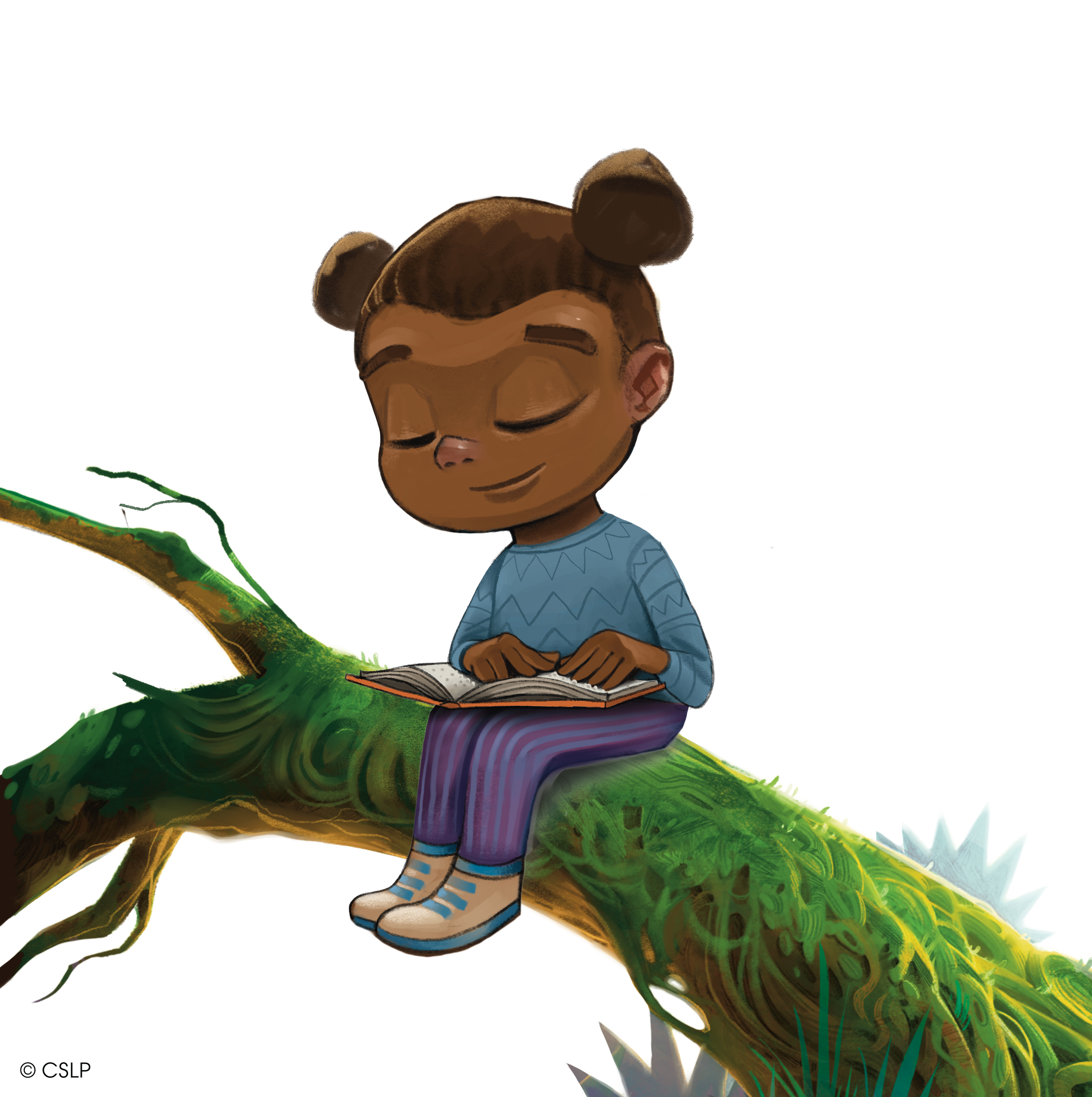 Young child with dark hair in two buns sits on a tree branch, peacefully reading a book with eyes closed; illustrated cover art.