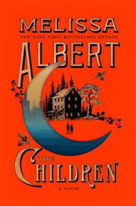 Book cover showing a dark house, trees, bees, and two silhouetted figures beneath a crescent moon on a red-orange background.