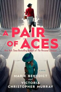 Book cover features two women: one walking among columns with a suitcase, the other in a teal outfit and hat, on bold background.