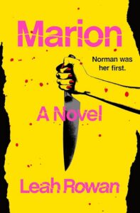 Yellow book cover with red splatters and a hand gripping a large knife.