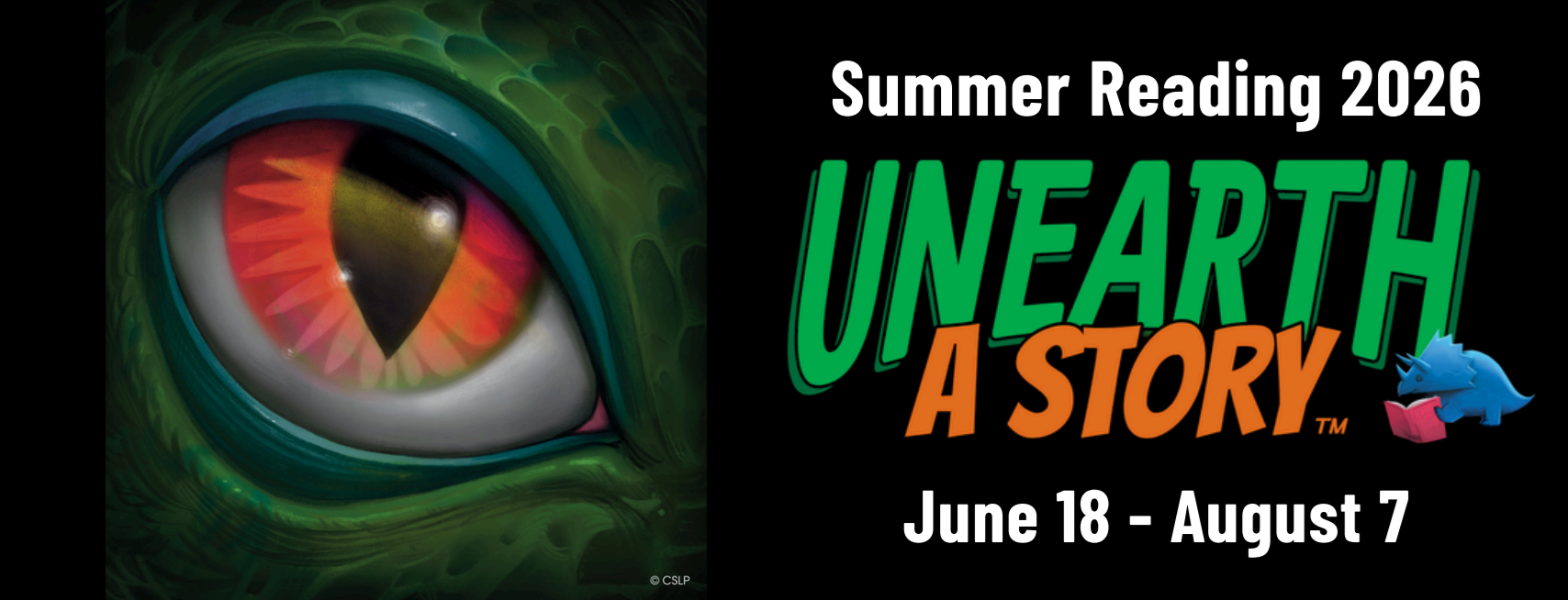 Green reptilian eye close-up on the left, with event details and a small blue dinosaur illustration on the right.