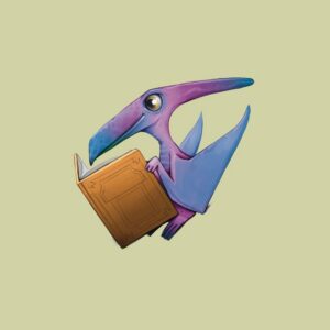 Cartoon pterodactyl with a purple and blue body reads an open book on a light green background, used as a library cover image.