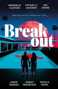 Silhouetted couple holding hands by a lit pool under a red moon, with palm trees above, featured on a book cover.