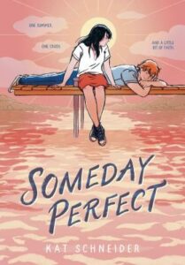 Illustrated book cover showing a girl sitting and a boy lying on a pier over pink water at sunset, with stylized decorative text.