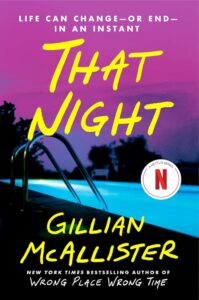 Book cover showing a brightly lit swimming pool at dusk with bold yellow lettering.