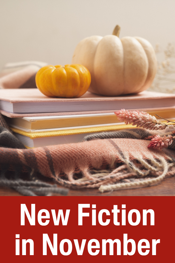Two pumpkins rest on top of a stack of books on in a plaid scarf, with the text “New Fiction in November” displayed below.