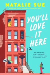 Book cover illustration showing a brownstone building with a fire in one window and a ball smashing another window and a woman and a dog standing on the sidewalk