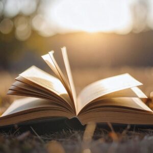 Open book cover lying outdoors on the ground, sunlit in the background with a few pages gently lifted by the breeze.