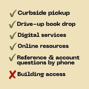 List displaying available services: curbside pickup, drive-up book drop, digital services, online resources, and phone assistance are offered; building access is currently unavailable.