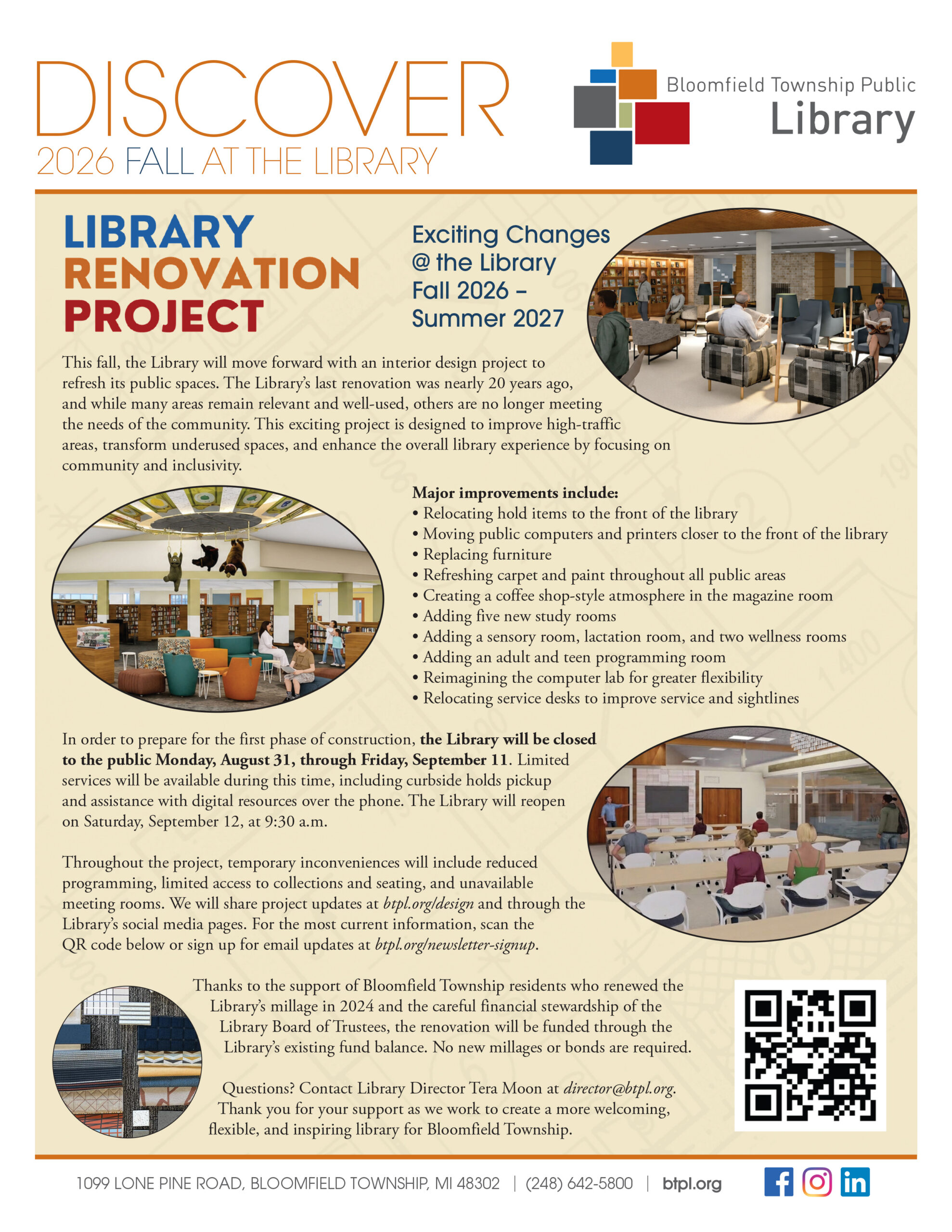 Fall 2026 print newsletter cover page displaying plans for the Bloomfield Township Public Library’s 2026 renovation, with outlined improvements, a project timeline, and photos showing updated library interior spaces.