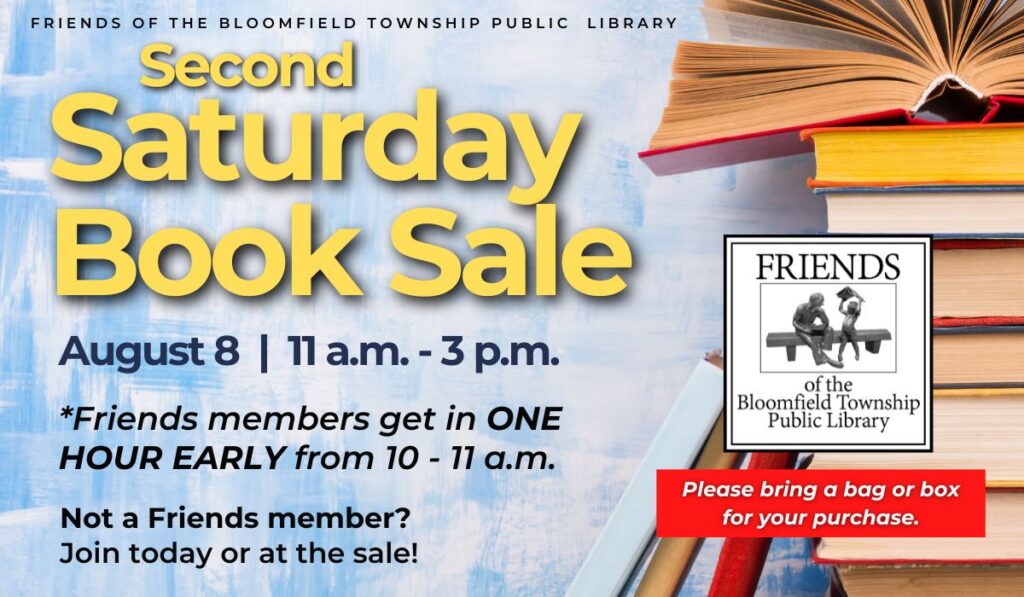 Friends Second Saturday Book Sale on August 8 from 11 a.m. to 3 p.m.