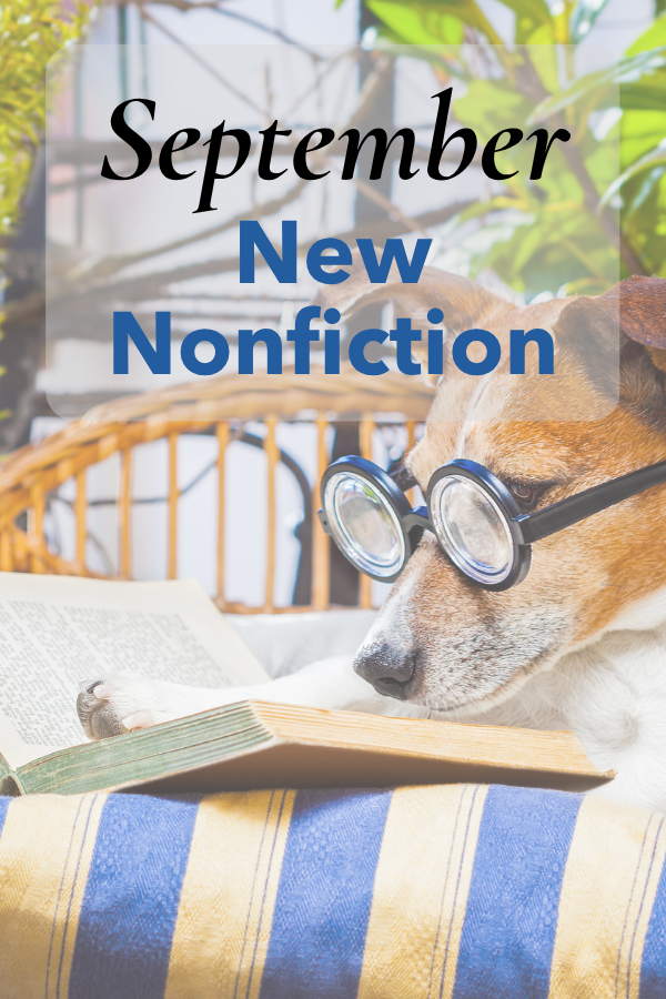 Illustrated book cover showing a dog wearing glasses reading a book on a couch, with the words “September New Nonfiction” beside it.