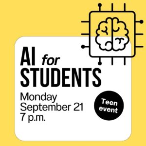 Yellow flyer with bold black text, featuring a brain and circuitry illustration in the top right corner.