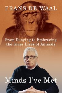 Sepia-toned image of chimpanzee above and photo of de Waal below.