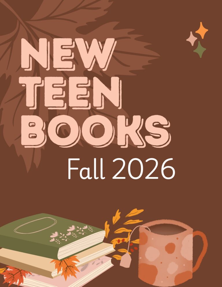 Cover illustration showing the words “New Teen Books Fall 2026” above a stack of books, autumn leaves, a mug, and fall-themed decorations on a brown background.
