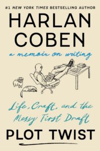 Illustrated book cover showing a man writing at a desk accompanied by a dog and cat, with blue cursive subtitle text referencing writing and drafts.