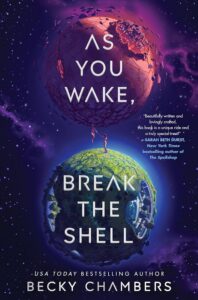 Book cover illustration shows two people standing on separate planets, one vibrant with greenery and the other barren.