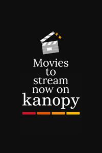 Clapperboard icon positioned above the text Movies to stream now on kanopy with four colored rectangles displayed below.