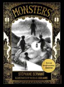 A book cover of shadowy figures with bear-like ears holding a lantern as they walk through a dark landscape of trees and mountains.