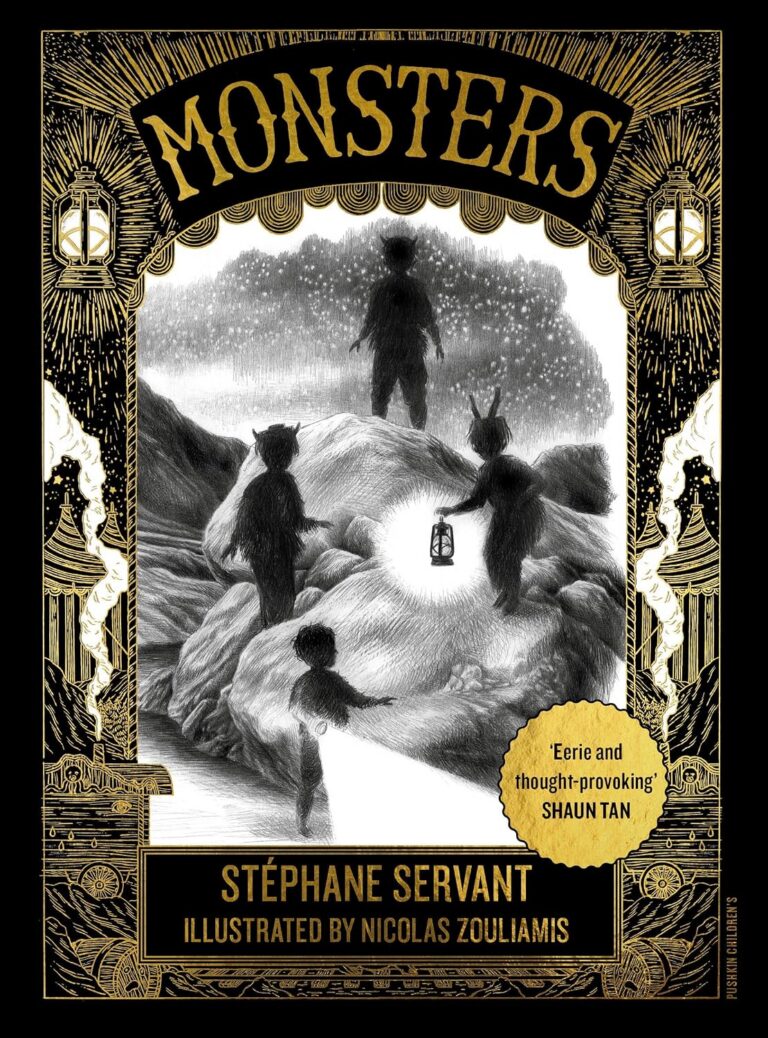 A book cover of shadowy figures with bear-like ears holding a lantern as they walk through a dark landscape of trees and mountains.