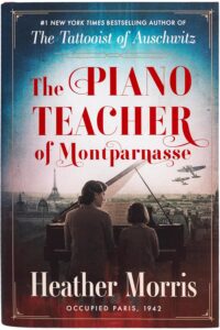 Book cover with two people sit at a piano with a view of 1942 Paris in the background.