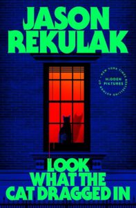 Book cover with a cat sitting on a windowsill, silhouetted against a glowing red-orange window set in a dark blue brick wall.